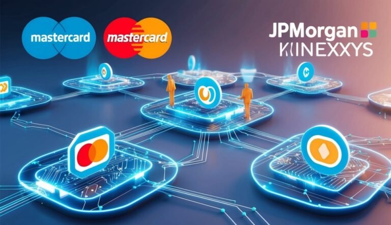 Mastercard, JPMorgan, and network icons in a digital, interconnected design