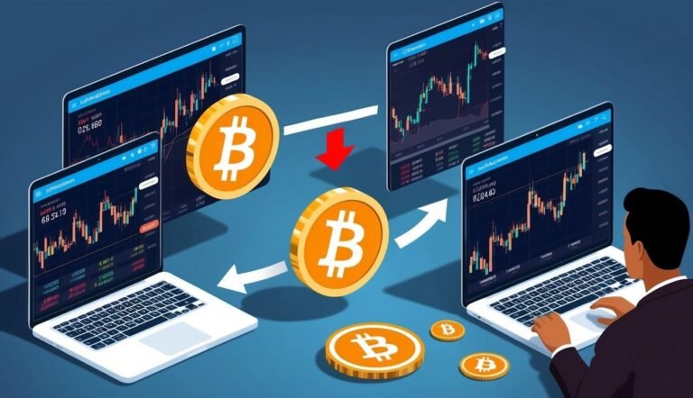 Bitcoin trading concept with laptops, charts, and coins, with a person working