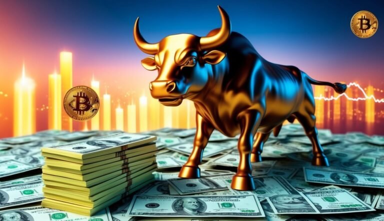 Golden bull statue, Bitcoin coins, and money with stock market background