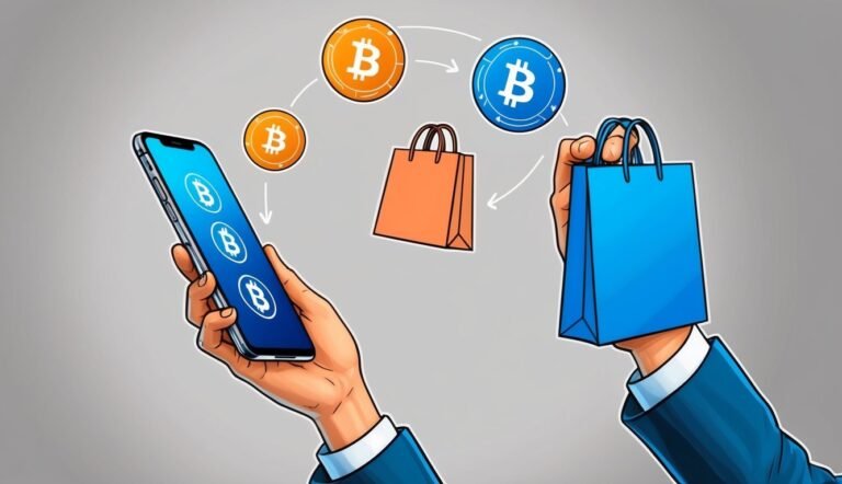 Hands holding phone, shopping bag, and Bitcoin coins, illustrating a transaction