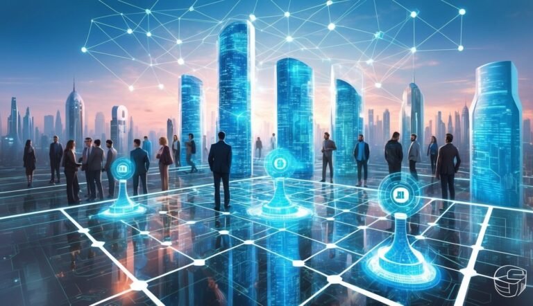 Business people in a futuristic city with digital skyscrapers and data nodes