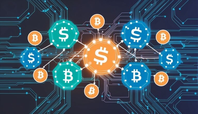 Digital illustration of dollar and bitcoin symbols connected by circuit lines