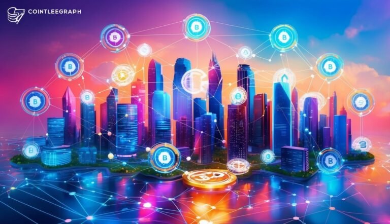 City skyline with Bitcoin symbols connected by a network