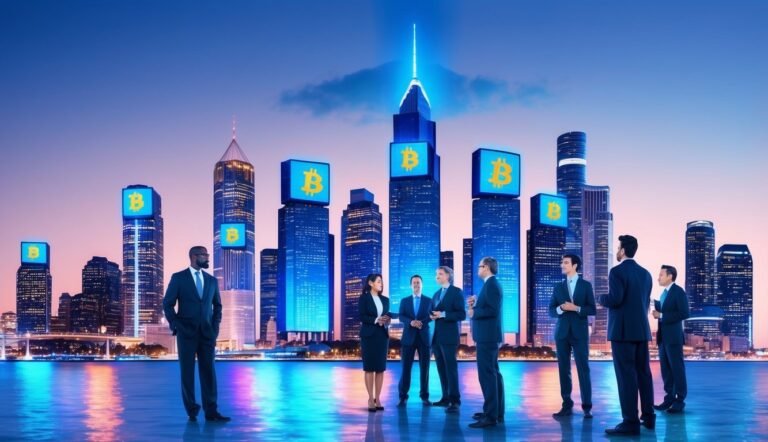 Business people in suits with Bitcoin skyscrapers in the background