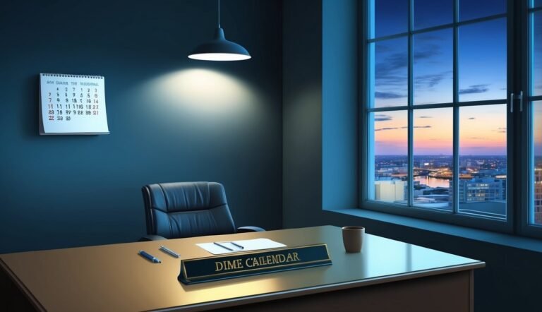 Office interior with desk, calendar, chair, and city view through window