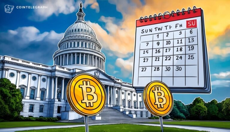 Bitcoin coins, calendar, and the U.S. Capitol building in a digital illustration