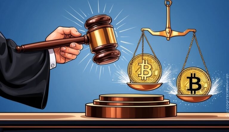 Judge's gavel and Bitcoin coins on scales, representing cryptocurrency law