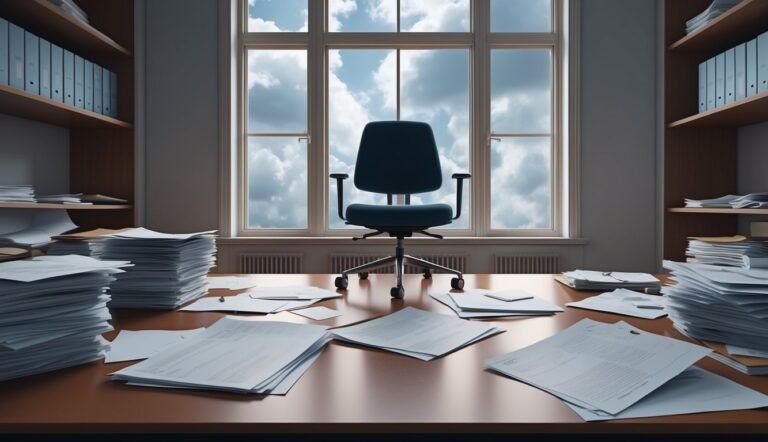 Office with desk covered in papers, chair, and window with sky