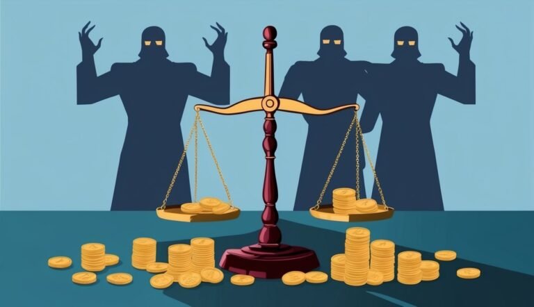 Scales of justice with coins, and shadowy figures with glowing eyes