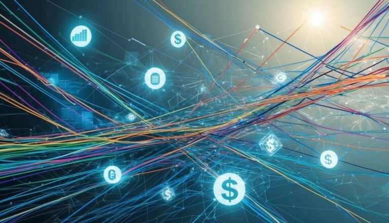 Abstract image of financial data, networks, and dollar signs