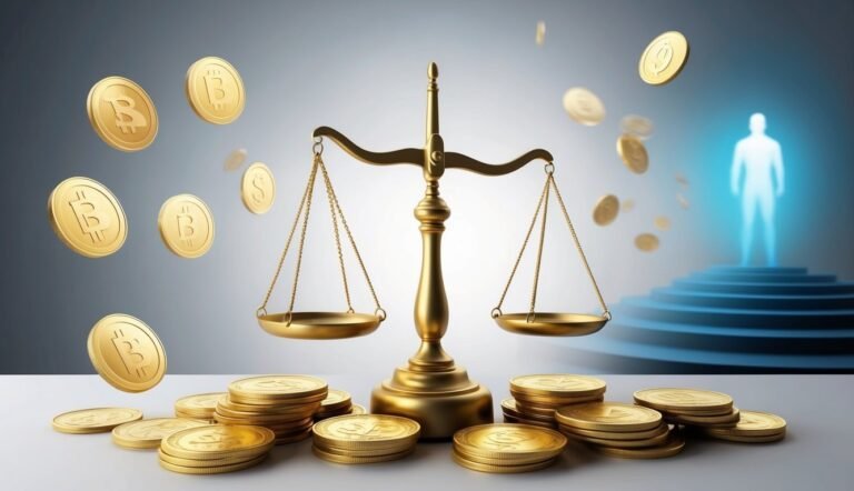 Golden scales with Bitcoin coins and a glowing human figure