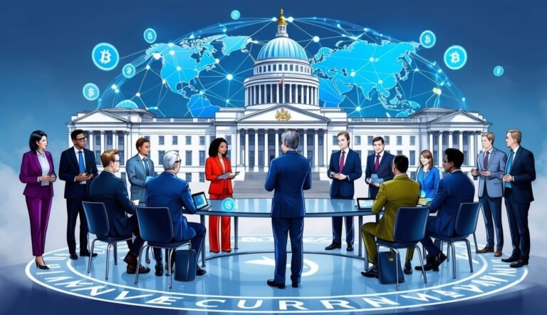 Business people meeting about cryptocurrency in front of the Capitol building