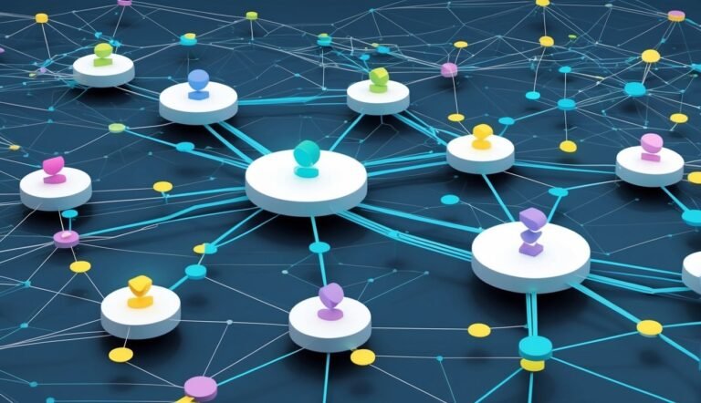 Abstract network of connected nodes with colorful figures on platforms