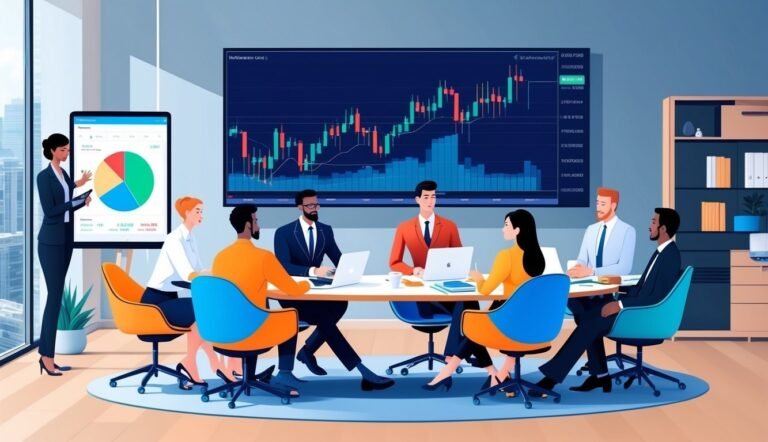 Business meeting with charts, graphs, and diverse people around a table