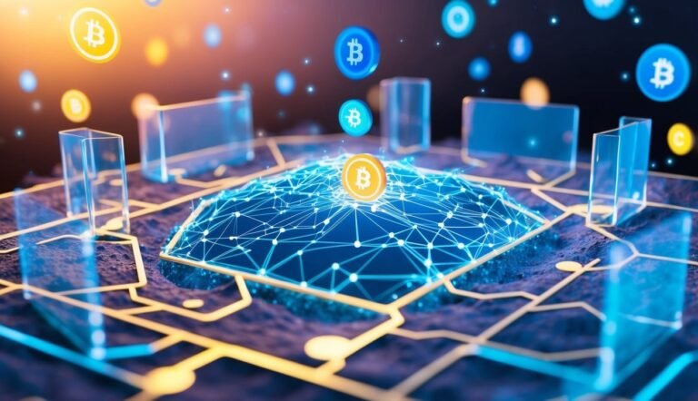 Bitcoin coins floating above a network of connected lines and blocks
