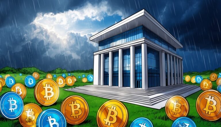 Bitcoin coins on grass with a building in the rain