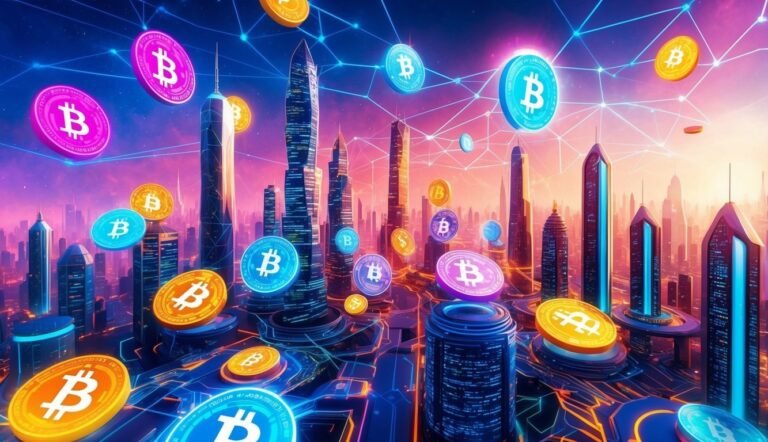 Bitcoin coins floating over a futuristic cityscape with network connections