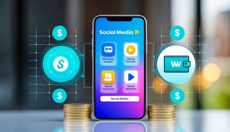 Smartphone with social media app, dollar signs, and stacks of coins