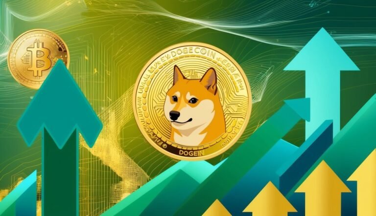 Dogecoin coin with upward arrows, Bitcoin, and green background