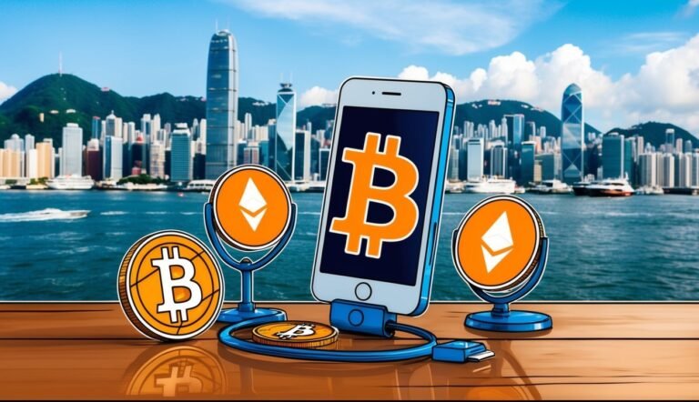 Bitcoin and Ethereum symbols with a phone in front of a cityscape
