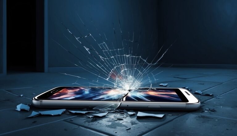 Smartphone with cracked screen and shattered glass on a tiled floor