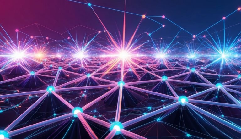 Abstract digital network with glowing nodes and connecting lines, futuristic