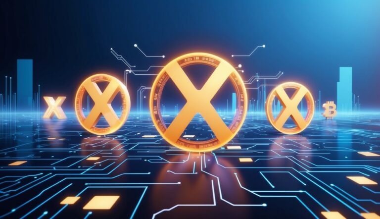 Glowing golden X symbols and Bitcoin symbol on a circuit board background