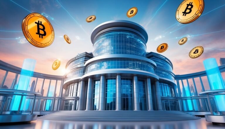 Bitcoin coins floating above a modern building with blue light pillars