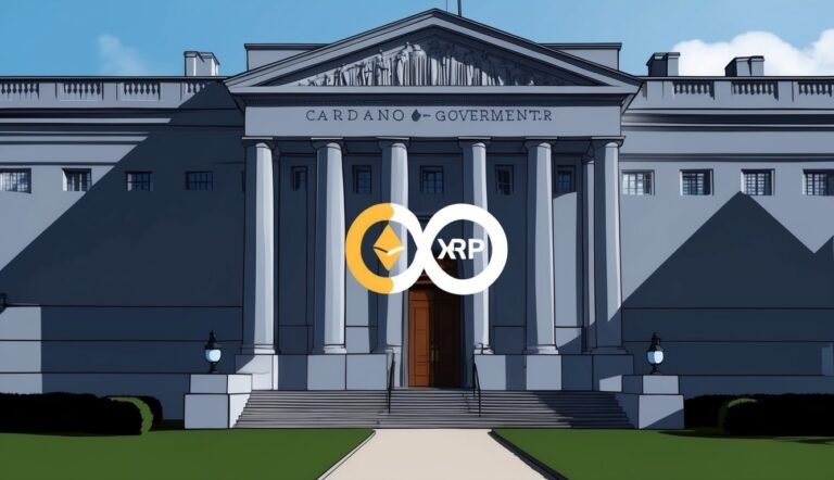Government building with Cardano and XRP logos on the front