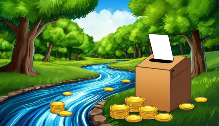 Cartoon image of a donation box, coins, and a river in a forest