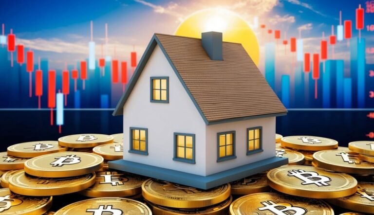 House on Bitcoin coins with stock chart background