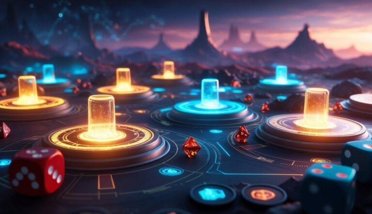 Futuristic game board with glowing pillars and dice in a sci-fi landscape