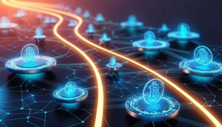 Bitcoin symbols on digital platforms connected by glowing lines