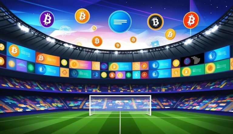 Soccer stadium with Bitcoin symbols and cryptocurrency icons on screens