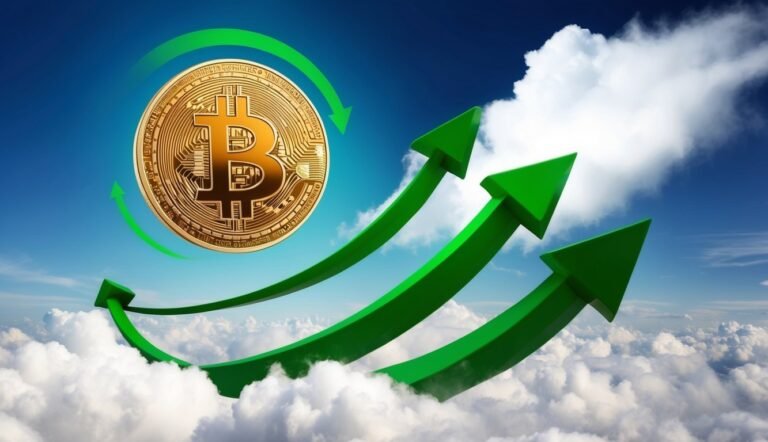 Bitcoin coin with green upward arrows in a cloudy sky