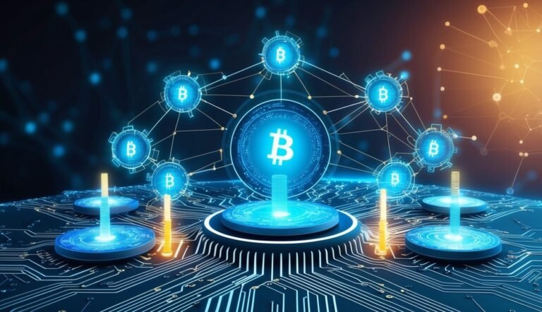 Bitcoin network concept with glowing circuit board and cryptocurrency symbols