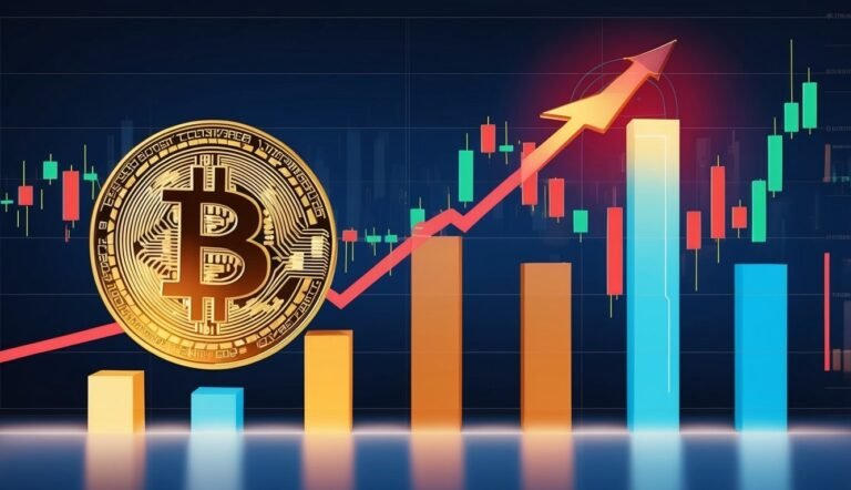 Bitcoin coin with rising arrow and stock market graph