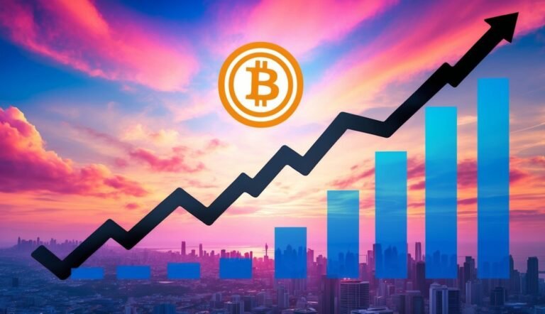 Bitcoin symbol with upward trend line and bar graph over city skyline