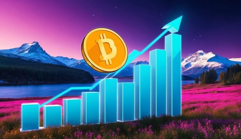 Bitcoin coin with rising graph, mountains, and a vibrant landscape