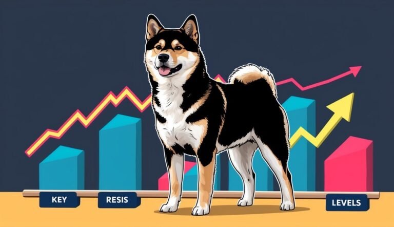Shiba Inu dog with financial chart, arrows, and bar graphs