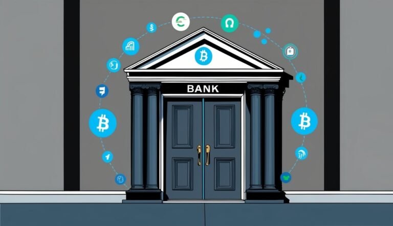 Bitcoin bank with currency symbols and blue lines, digital finance concept