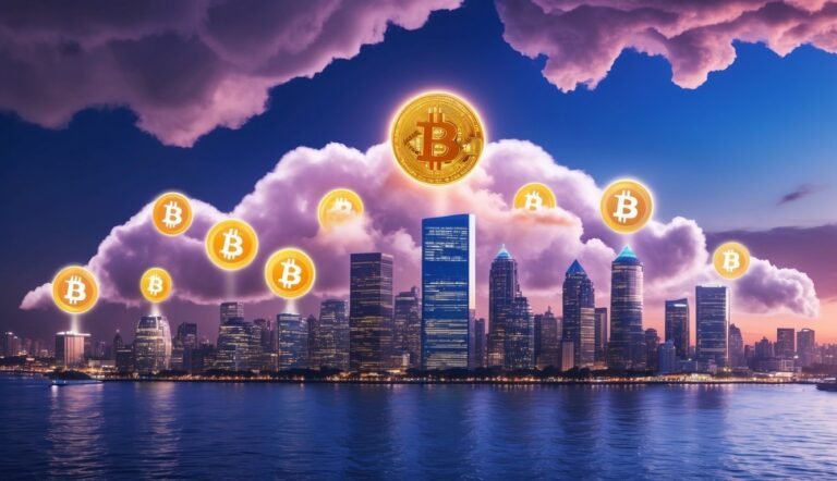 Bitcoin coins floating above a city skyline at sunset