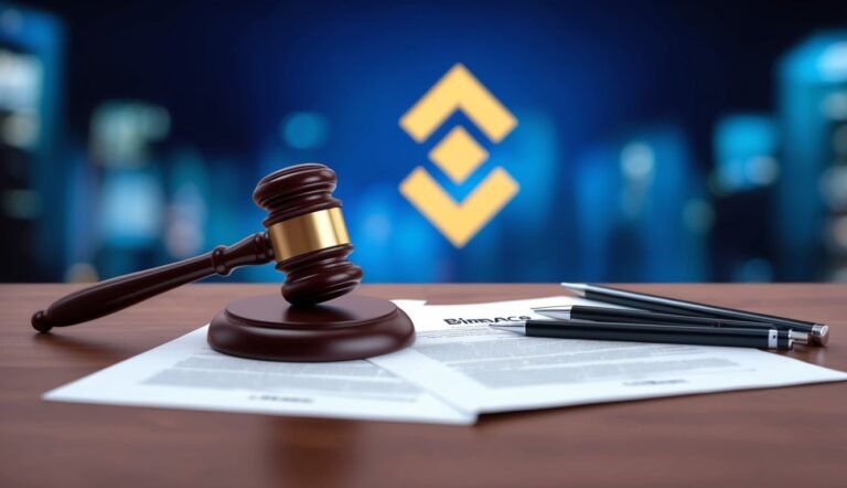 Gavel, documents, pens, and Binance logo on a table, legal or financial theme