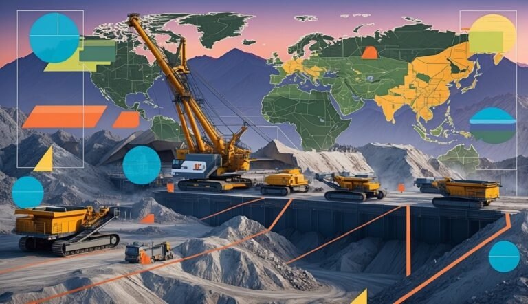 Mining equipment with a world map background and geometric shapes