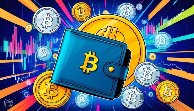 Blue wallet with Bitcoin symbol and coins, stock chart background