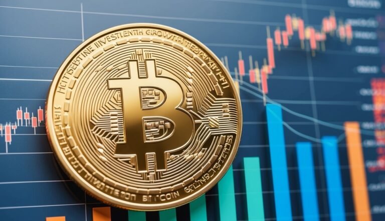 Golden Bitcoin coin with a stock market graph in the background