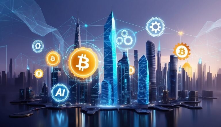 Futuristic cityscape with Bitcoin symbols, gears, and AI icon, connected by lines