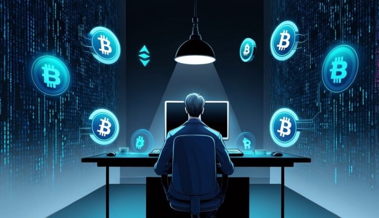 Person working on computer surrounded by Bitcoin symbols and digital code