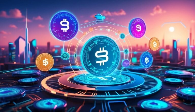 Digital currency coins with dollar signs floating above a futuristic city