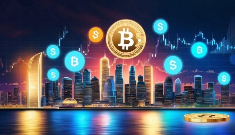 Bitcoin and dollar symbols over a cityscape with financial charts